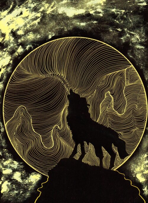 Wolf artwork with moon and flowing golden lines