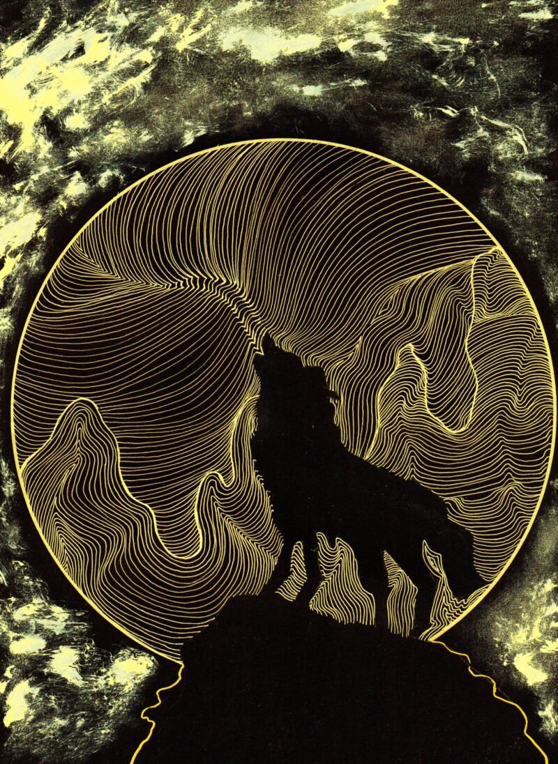 Wolf artwork with moon and flowing golden lines